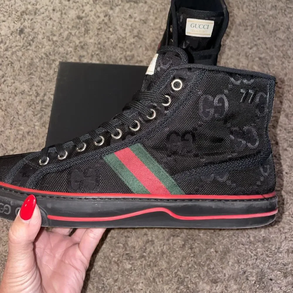 100% Authentic Gucci Tennis 1977 High Top GG Sneakers Black US M 9, W 10.5